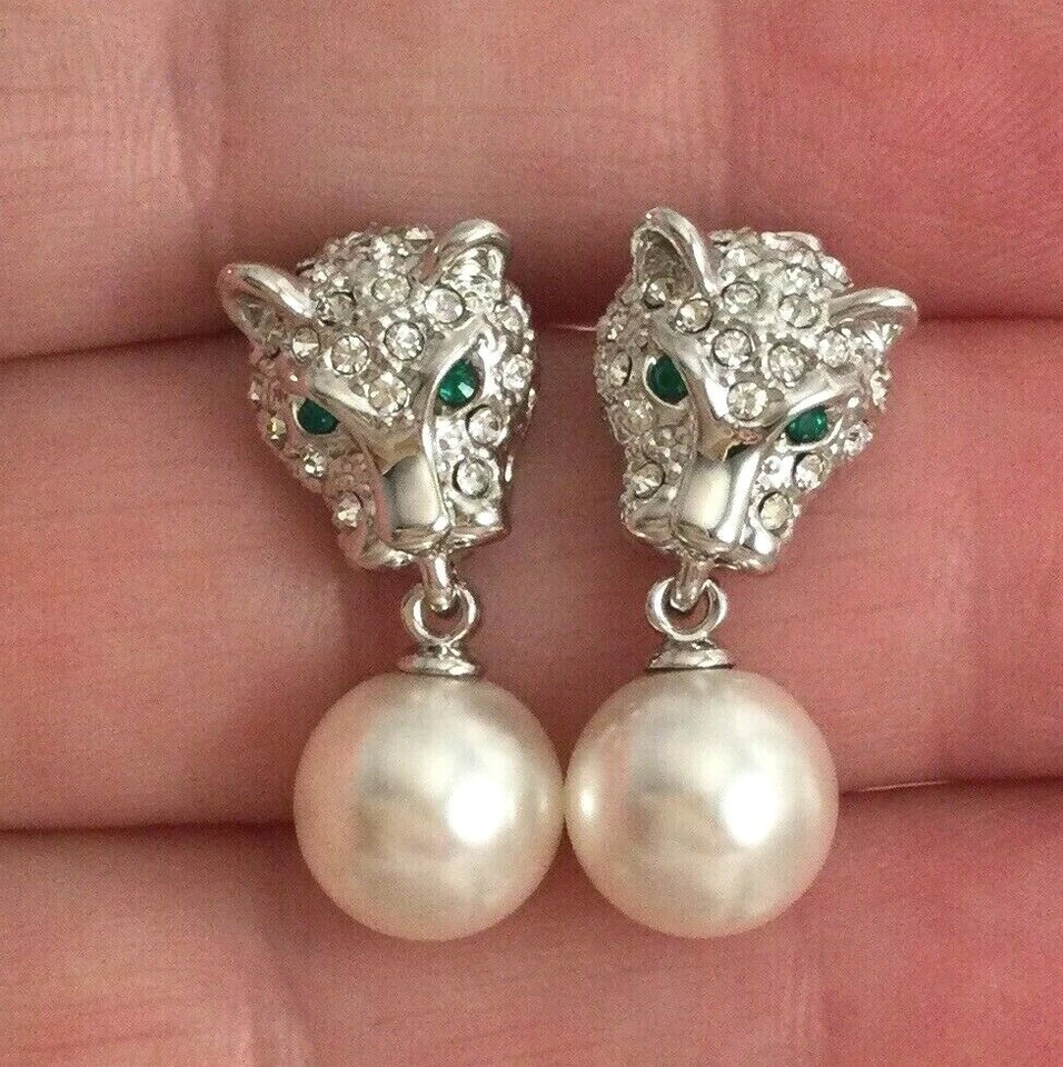 Винтажные ювелирные изделия пантера леопард большой кот серебряный жемчуг серьги уха кольцо ювелирные изделия - Изображение 3 из 4