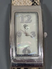 Charming Charlie White MOP Dial Silver Tone Rectangle Case Faux Leather Watch