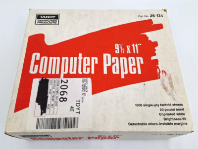 1000 sheets Continuous Computer Paper Tandy 9 1/2 x 11'' 26-143 White
