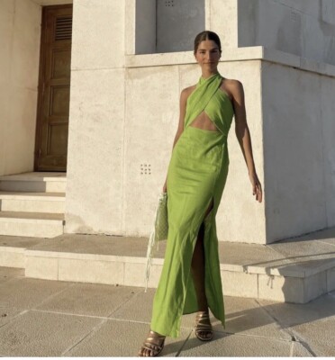 ZARA NWT WOMAN LINEN BLEND CUT OUT HALTER DRESS LIME GREEN | 7707