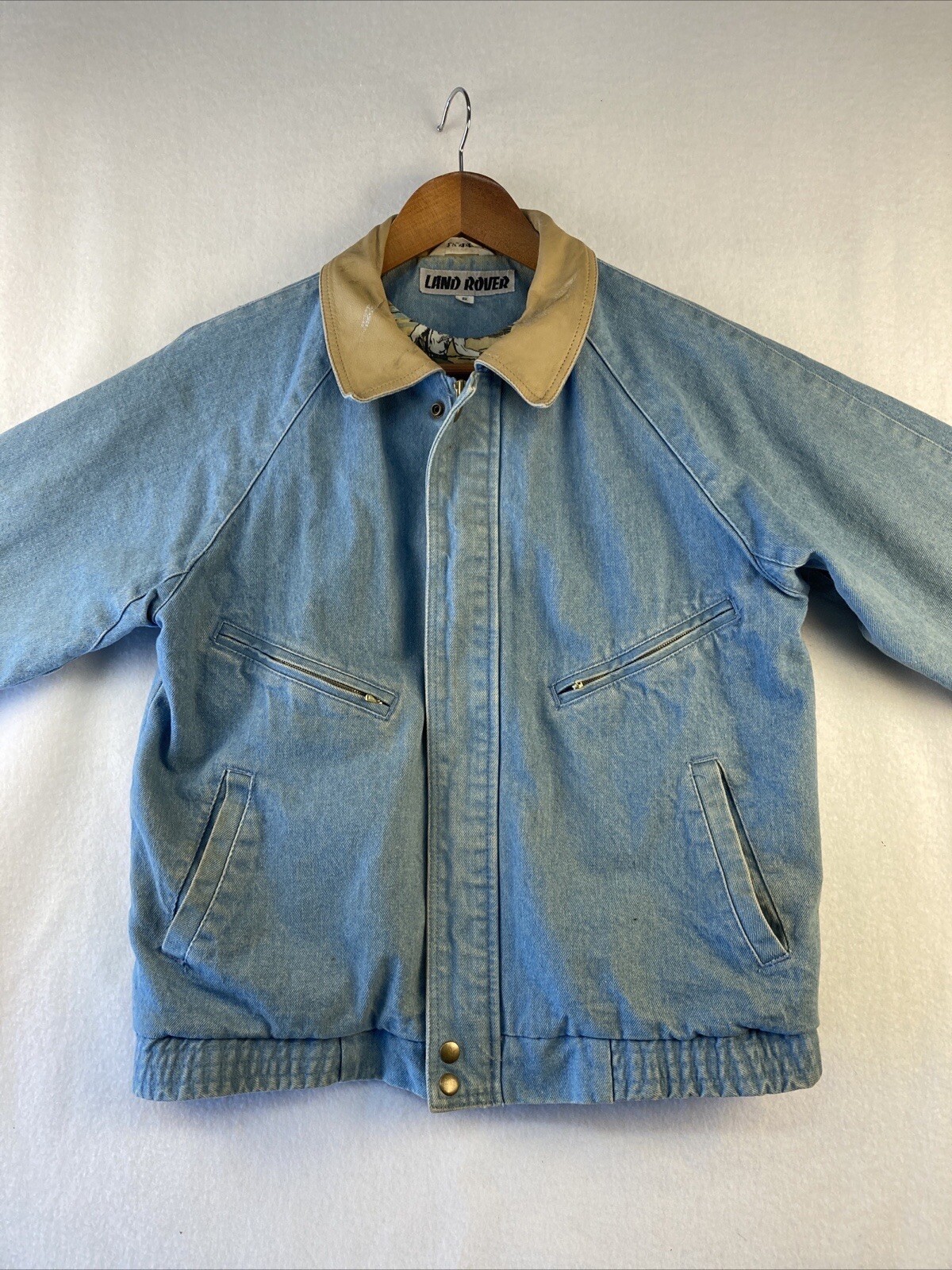 Vintage LAND ROVER Lined Denim Bomber Jacket Coll… - image 1