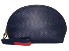 MARK & GRAHAM Small Navy Blue & Red Coral Leather Pouch 5.5x8