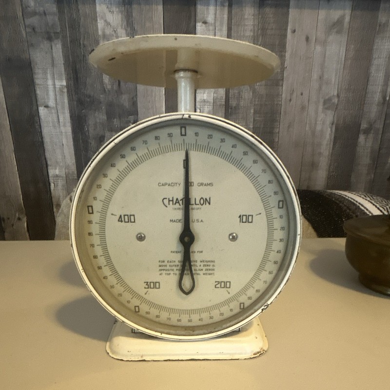 Chatillon Vintage White Metal Round Analog Mechanical Kitchen Scale w/ Top Pan