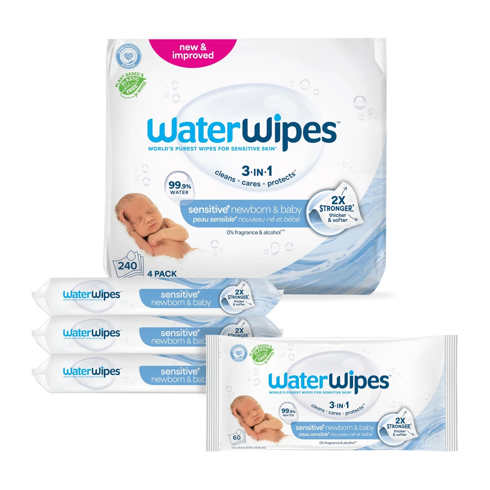 WaterWipes Sensitive+ Newborn & Baby Wipes, 60 Count (Pack of 4), White