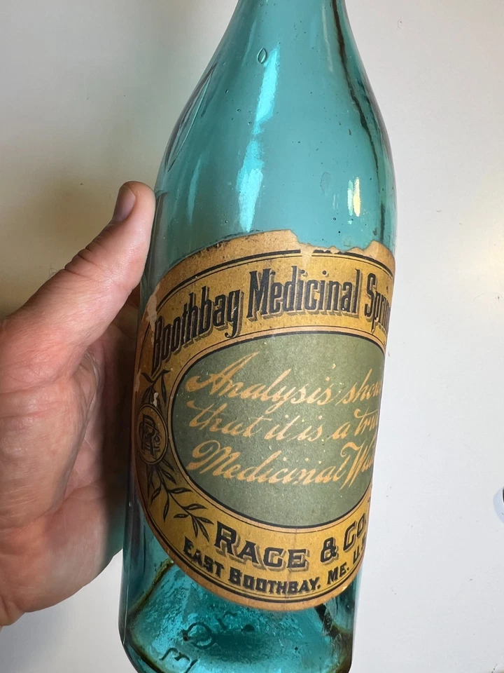 Antigua botella de agua Boothbay Spring L Race Maine Blobtop Blob Top etiquetada 1875 Foto 3 de 4