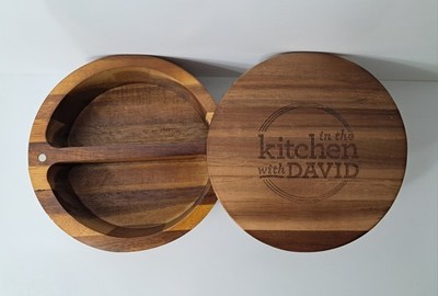 Salt Box Dual Swivel Lid Kitchen Chef David Venable Acacia Durable Wood Spices 