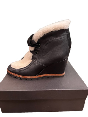 Fabianelli BOX Womens Wedge Booties Black Leather Boots Sherpa Sz EU 40 US 8.5/9