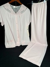 Vintage Shadowline NWT Pink Nylon 2pc Pajama Set Lace Trim Button Sz 38 Lg