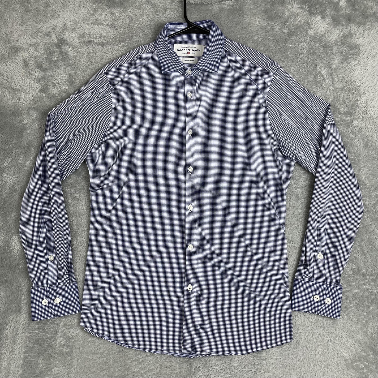 Mizzen+Main Shirt Mens Medium Blue Check Spinnaker Trim Fit No Iron Long Sleeve