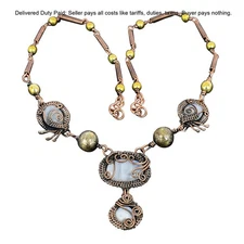 Copper Oval Rainbow Moonstone Gemstone Wife Wire Wrapped Chain Necklace Jewelry