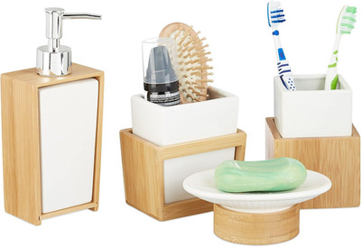 Relaxdays Badezimmer Set, 4-Teiliges Badzubehör Aus Keramik Und Bambus, Seifensp