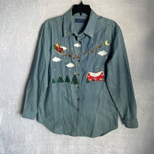 Karen Scott Womans Button Top Denim Blue Christmas Small Cotton Vintage 90s - Picture 1 of 9