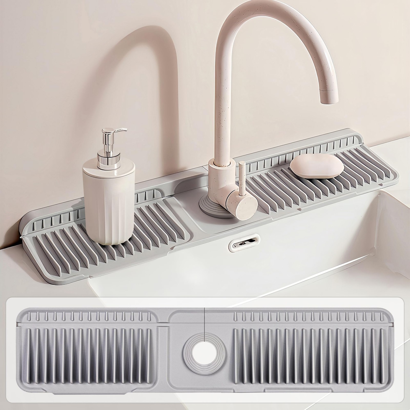 23.6 inch Silicone Faucet Mat for Kitchen Sink - 6° Slope & Fasten Button Design