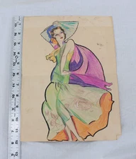 Vintage 1920s Art Deco Fashion Portrait Sketches Original Mixed Media Flapper Se