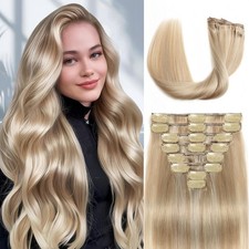 Dark Blonde Highlighted Bleach Blonde Clip-In Hair Extensions 18 Inch Seamless