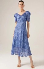 NUEVO CON ETIQUETAS SACHA DRAKE Vestido Midi Azul Jay con Slip Talla 8/Lujo Evento Boda Formal Retro