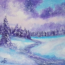 Original Winter Meadow Oil Painting Snowfall Path Purple Blue Landscape Art