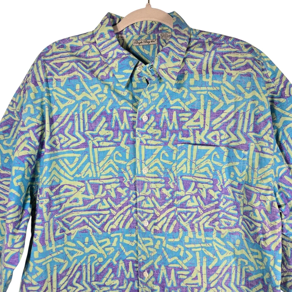 VINTAGE Bugle Boy Shirt Mens XL Blue Purple Abstract Geometric Button Front 90s - Image 2 of 4