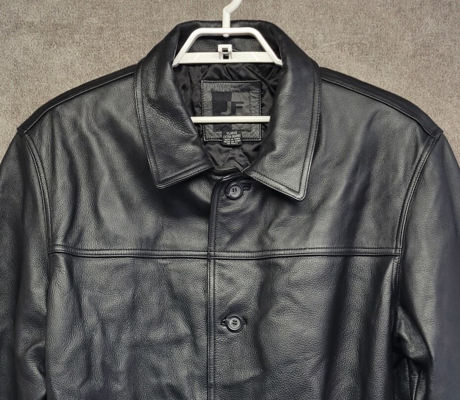 JF J. Ferrar Black Leather Coat Mens XL Button Front Quilted JF J. Ferrar Black Leather Coat Mens XL Button Front Quilted