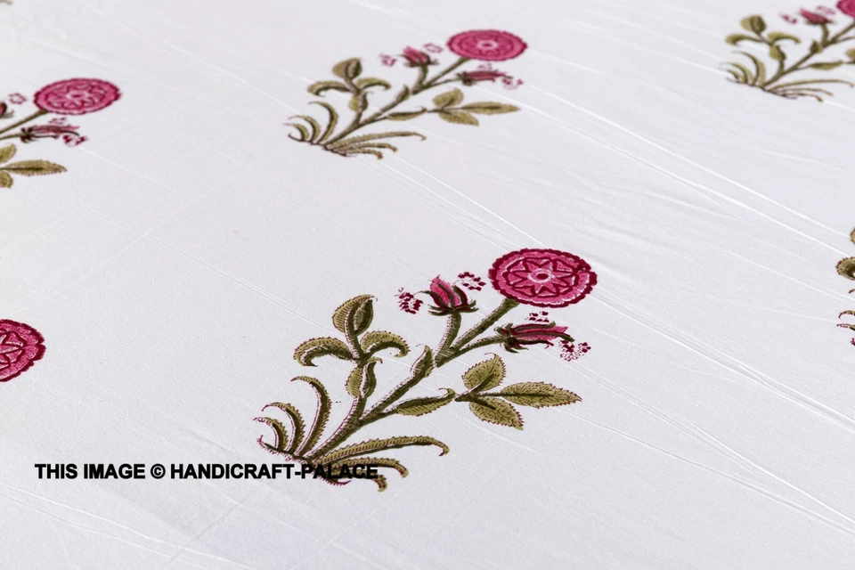 Juego de sábanas colcha de algodón con estampado de flores rosa bloque de mano indio Foto 3 de 3