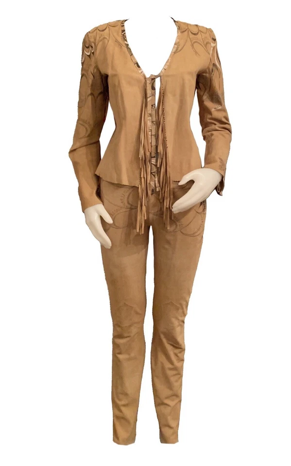 ROBERTO CAVALLI S/S 2003 Suede Leather Jacket & Pants Set VINTAGE RARE Size XS/S - Imagem 3 de 4