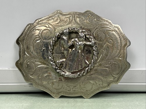 Rockmount Denver CO Belt Buckle Nickel Silver Couple Dancing Ornate Vintage West