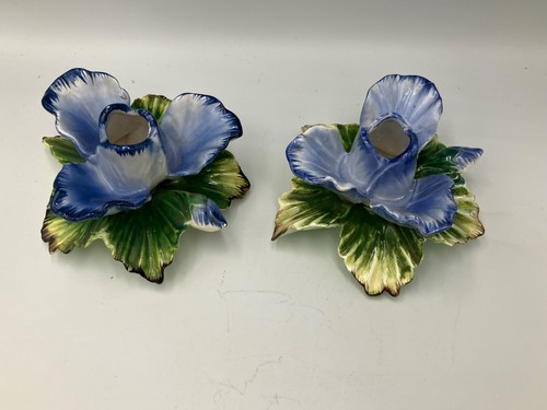 Capodimonte Vintage Set 2 blue Irises? flowers Candle Stick holders - Picture 3 of 10