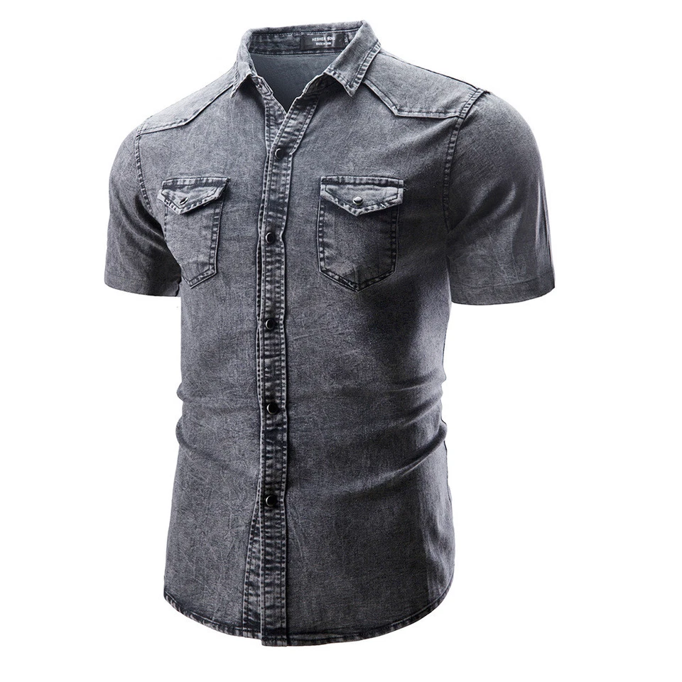 Mens Denim Shirts Short Sleeve Luxury Casual Slim Washed Cotton Multicolor Shirt - Image 4 of 4