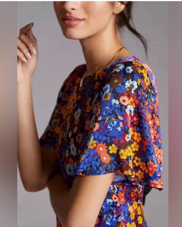 ruffled satin mini dress anthropologie Anthropologie Ruffled Satin Mini Dress Floral Open Low Back Size 6 Petite