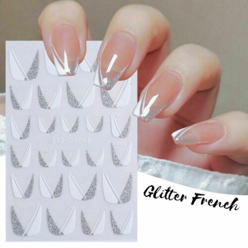 Adesivi unghie decorazione fai da te manicure 3D argento bianco punte francesi CS068 NS7 - Foto 1 di 2