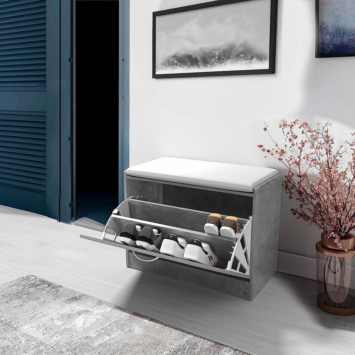 Scarpiera Con Seduta Mondeer | In Legno Con Cuscino Grigio - 100x30x46 Cm Per Ingresso O Corridoio - Foto 5