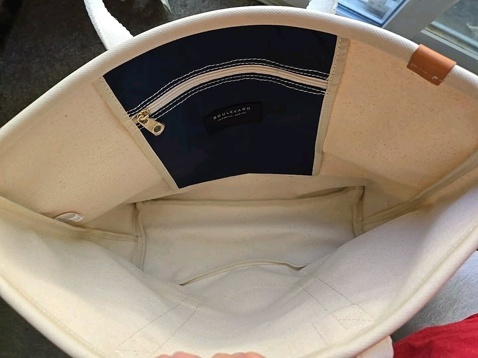 Boulevard Cream Navy Canvas Tote Leather Bag Boat Beach 19x13 eBay