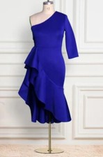 Women Evening Cocktail Wedding Party One Shoulder Bodycon Blue Dress Size L/12