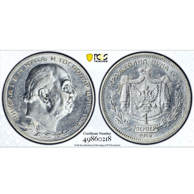 Montenegro 1 perper King Nicholas I Coinage KM-14 AU55 PCGS silver