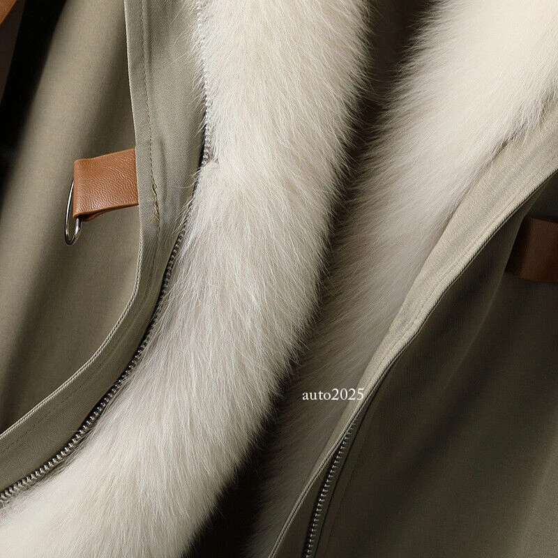 OFF WHITE Giacca pelliccia di volpe 100% donna pelliccia lunga con cappuccio Rex fodera pelliccia di coniglio cappotti invernali