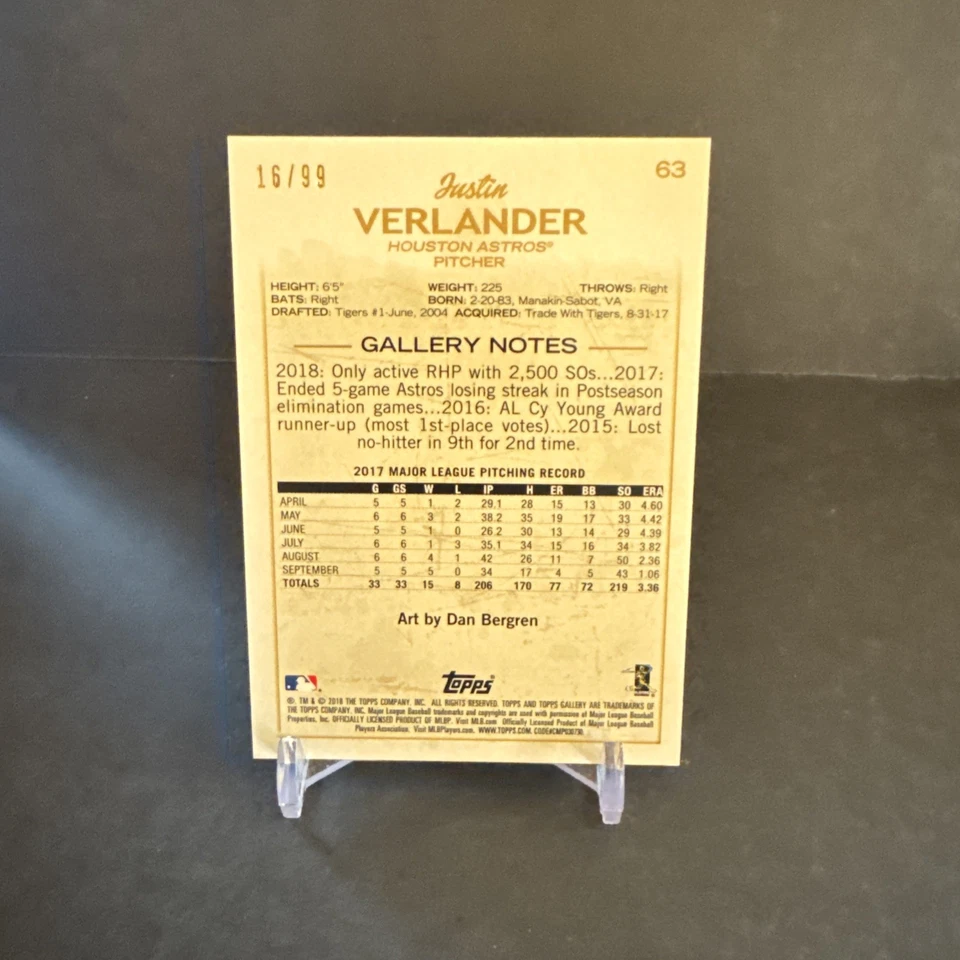 2018 Topps GALLERY Baseball #63 Justin Verlander 16/99 EX/NM - Image 2 of 2