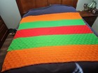 Hand Knitted Blanket Afgan Texured Checkerboard Pattern Red Green Orange Vtg