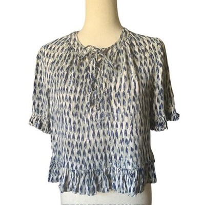 Madewell Indie Boho Peasant Top M Blue Ikat Print Tie Neck Cropped Blouse Artsy