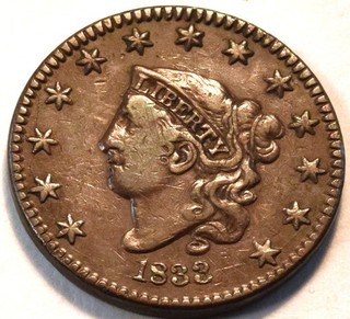 1833 Coronet Head Large Cent Higher Grade Better Early Copper Type Penny 1C