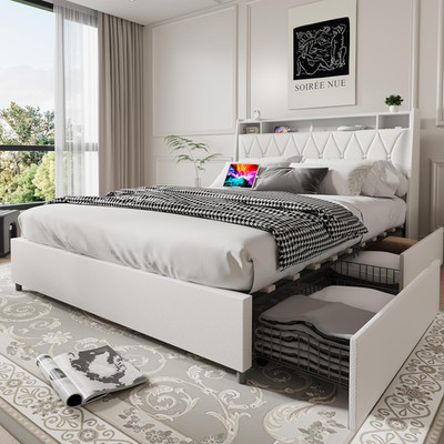 Upholstered Queen Bed Frame with Storage Headboard & Charging Station, White