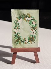 ACEO Original Acrylic Painted Canvas Card: FLORALS rose leaves blue green cute