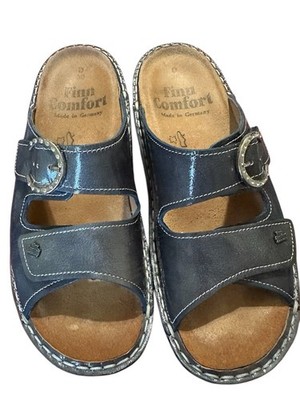 Finn Comfort Slide Sandals Women Size 7.5 Leather Metallic Blue Wedge Sansibar