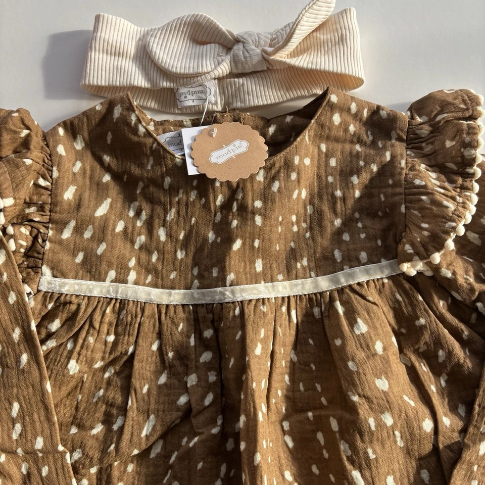 Conjunto de blusa e tiara Mud Pie marrom estampa de animais camisa 4 mangas de babado arco cabelo - Imagem 2 de 4