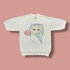 Vtg Cat Sweatshirt Short Sleeve 80s 90s Handmade Art Cute Animal Womens Medium