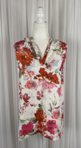 Soft Surroundings Petite Size PS Linen White Pink floral Sleeveless Top Hood