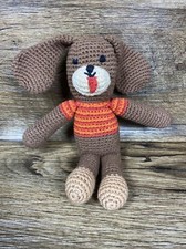 Pebble Handmade Knit Crochet Brown Dog Tongue Out Baby Plush Rattle Toy Lovey