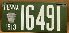 RARE VINTAGE 1913 PENNSYLVANIA  PORCELAIN LICENSE PLATE #16491