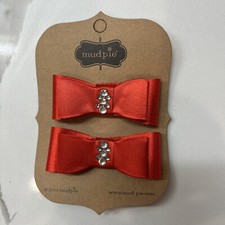 Mud Pie Set of 2 Red Satin Jeweled Bow Hair Clips 3" NWT