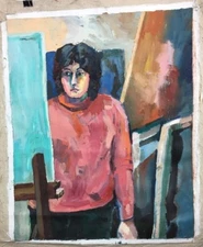 Vintage Outsider Art Student Self Portrait Artist Painter Abstract Girl Painting