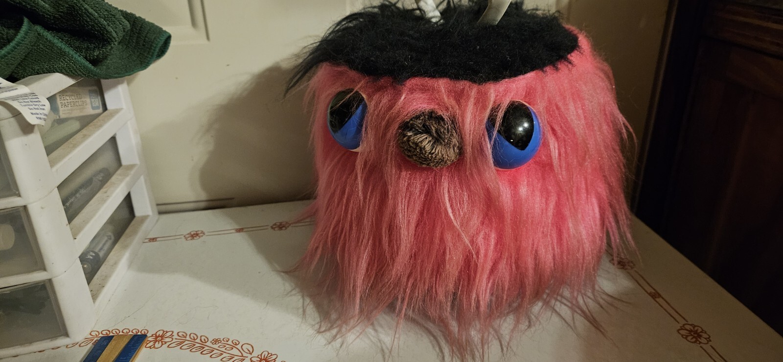 1960s Vintage Disk-go-45s Portable Record Case.Pink Fuzzy Big Eyed Monster
